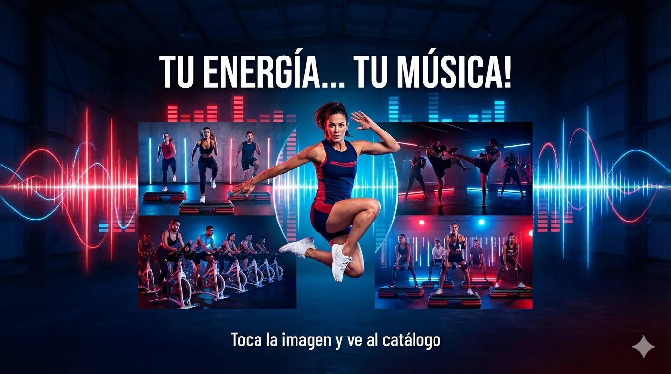 Imagen promocional de clases de fitness con luces neón rojas y azules y gráficos de sonido. Texto: “TU ENERGÍA… TU MÚSICA!”. En el centro, una mujer deportista salta con ropa azul oscuro con detalles rojos y zapatillas blancas. Alrededor, cuatro escenas de entrenamiento en grupo: step, spinning y ejercicios tipo boxeo, con personas entrenando en un estudio iluminado. Abajo un letrero que dice toca aquí para entrar al catalogo.