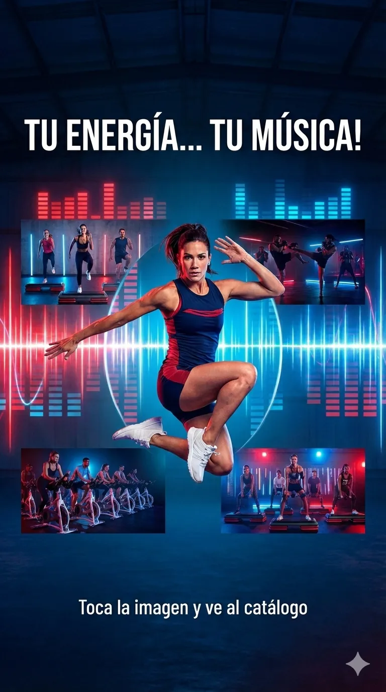 Imagen promocional de clases de fitness con luces neón rojas y azules y gráficos de sonido. Texto: “TU ENERGÍA… TU MÚSICA!”. En el centro, una mujer deportista salta con ropa azul oscuro con detalles rojos y zapatillas blancas. Alrededor, cuatro escenas de entrenamiento en grupo: step, spinning y ejercicios tipo boxeo, con personas entrenando en un estudio iluminado. Abajo un letrero que dice toca aquí para entrar al catalogo.